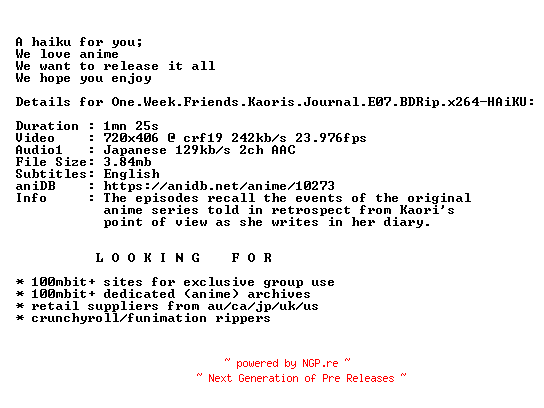 NFO for the release One.Week.Friends.Kaoris.Journal.E07.BDRip.x264-HAiKU by HAiKU