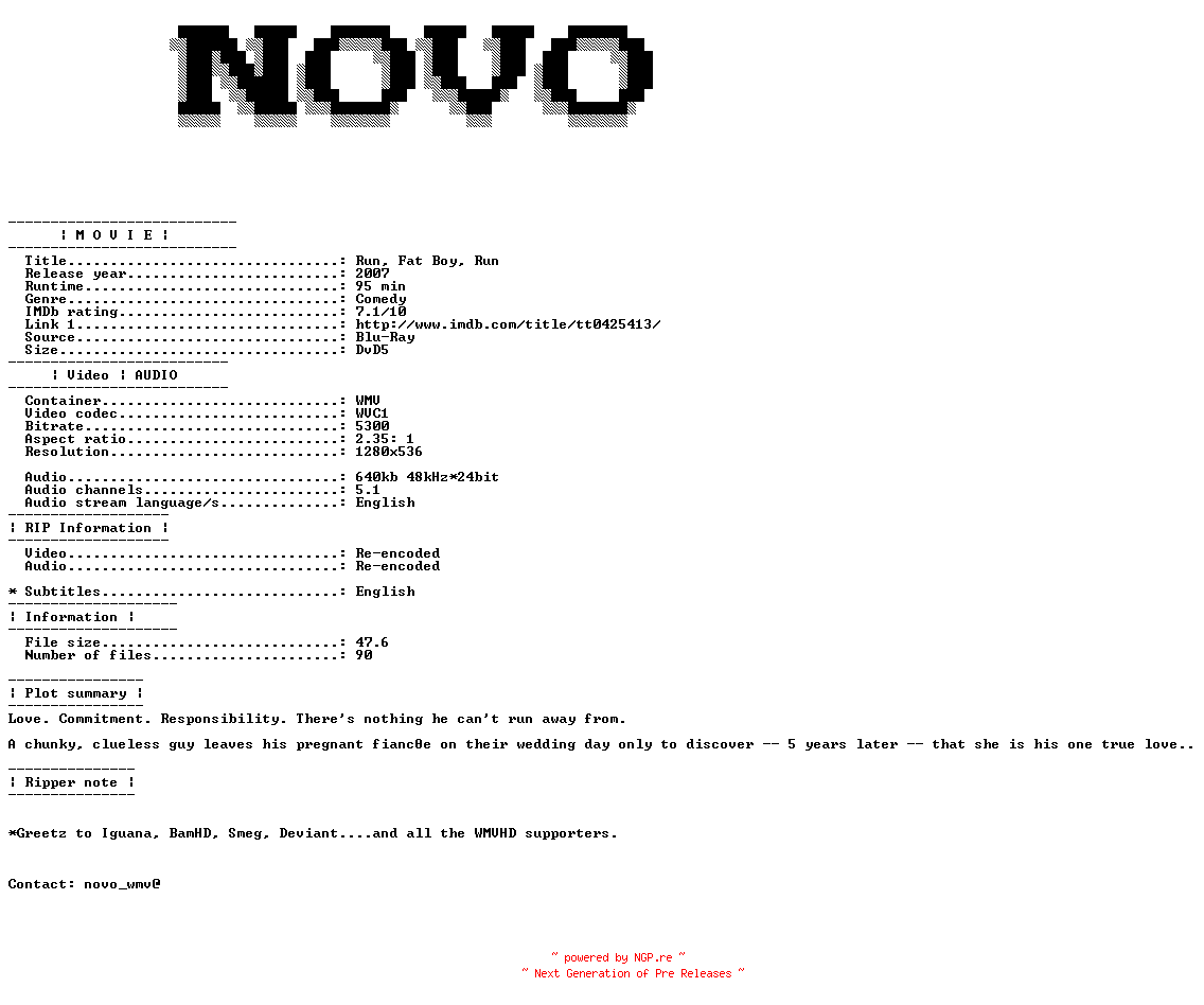 NFO for the release Run.Fat.Boy.Run.2007.Bluray.VC1.720P.5.1.WMV-NOVO by NOVO