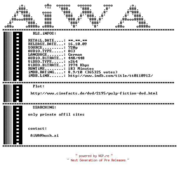 NFO for the release Pulp.Fiction.German.1994.AC3D.720p.BluRay.x264-AiWA by AiWA