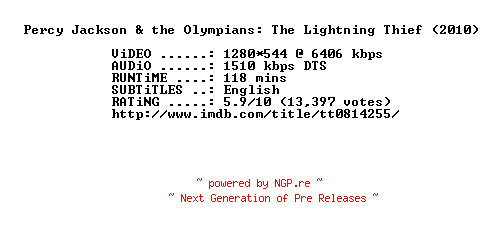 NFO for the release Percy.Jackson.And.The.Olympians.The.Lightning.Thief.2010.720p.BluRay.x264-METiS by METiS
