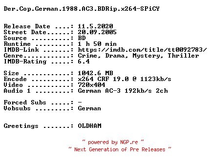 NFO for the release Der.Cop.German.1988.AC3.BDRip.x264-SPiCY by SPiCY