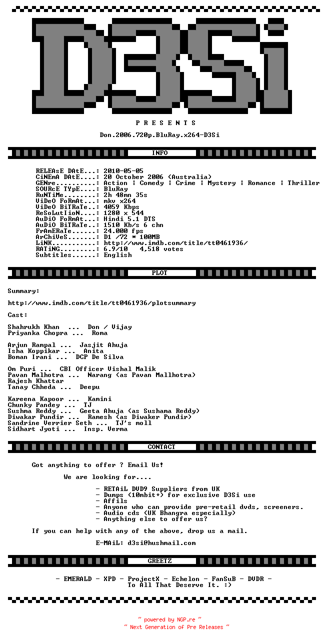 NFO for the release Don.2006.720p.BluRay.x264-D3Si by D3Si