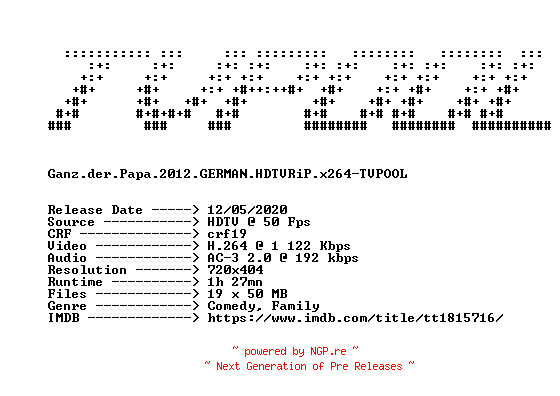 NFO for the release Ganz.der.Papa.2012.GERMAN.HDTVRiP.x264-TVPOOL by TVPOOL