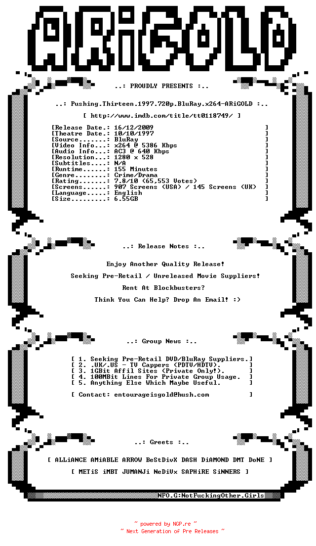 NFO for the release Pushing.Thirteen.1997.720p.BluRay.x264-ARiGOLD by ARiGOLD