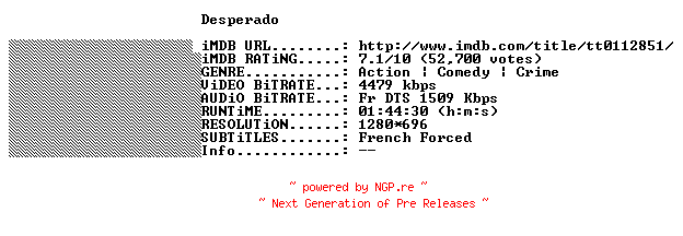 NFO for the release Desperado.1995.FRENCH.720p.BluRay.x264-THENiGHTMAREiNHD by THENiGHTMAREiNHD