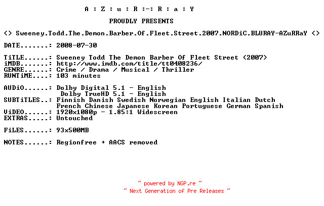 NFO for the release Sweeney.Todd.The.Demon.Barber.Of.Fleet.Street.2007.NORDiC.BLURAY-AZuRRaY by AZuRRaY