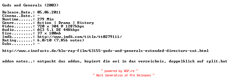 NFO for the release Gods.and.Generals.German.2003.AC3.BDRip.XviD.INTERNAL-ARC by ARC