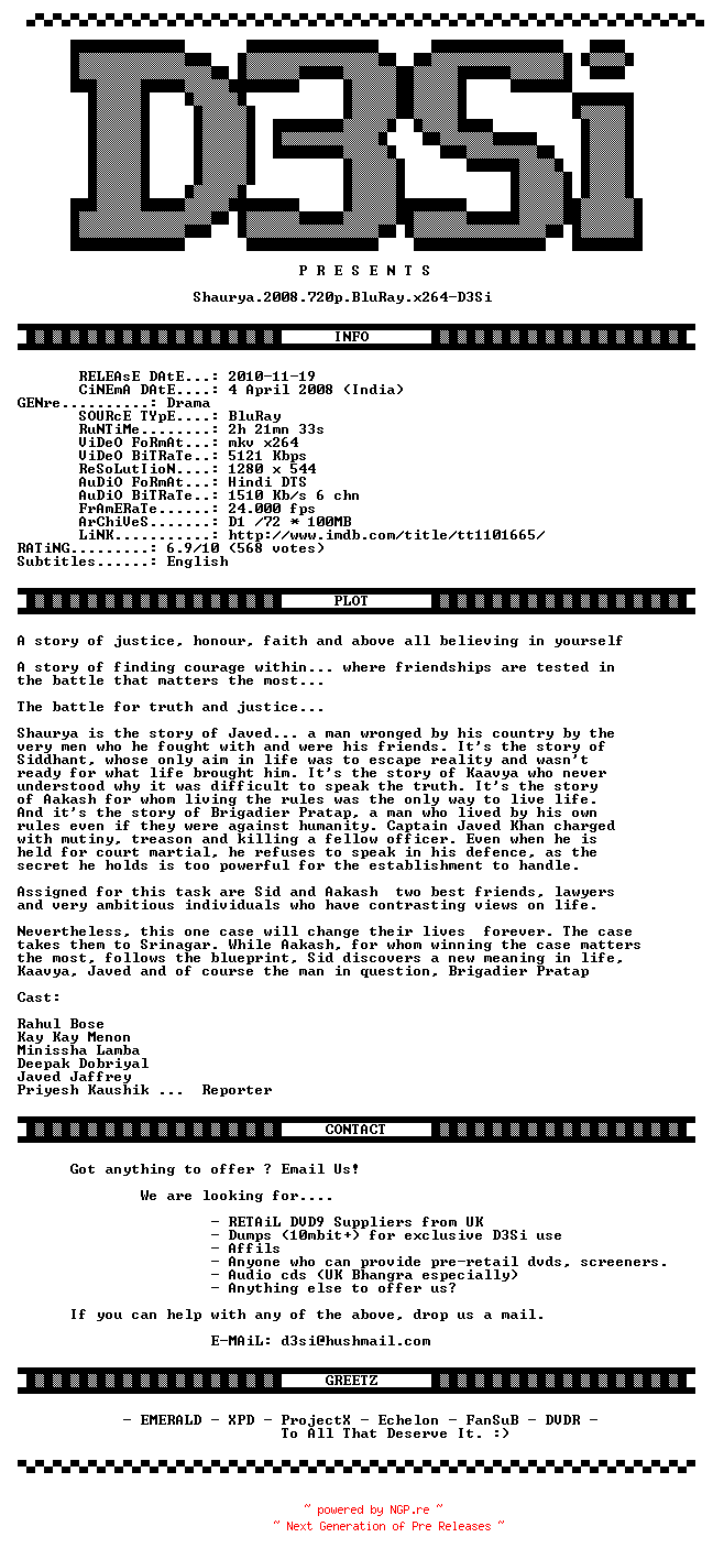 NFO for the release Shaurya.2008.720p.BluRay.x264-D3Si by D3Si