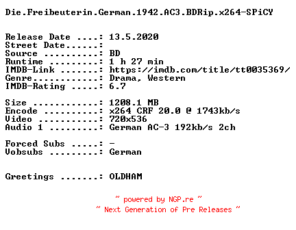 NFO for the release Die.Freibeuterin.German.1942.AC3.BDRip.x264-SPiCY by SPiCY