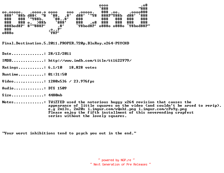NFO for the release Final.Destination.5.2011.PROPER.720p.BluRay.x264-PSYCHD by PSYCHD