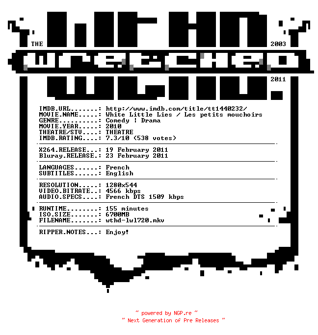 NFO for the release Little.White.Lies.2010.720p.BluRay.x264-TheWretched by TheWretched
