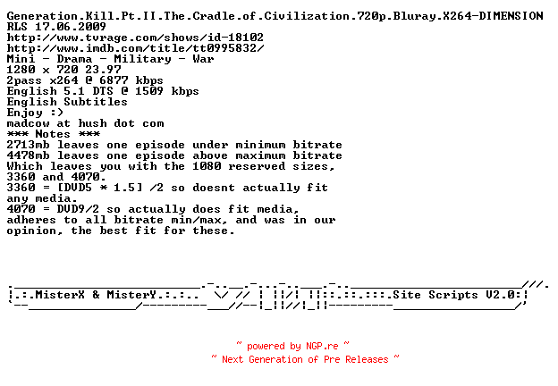 NFO for the release Generation.Kill.Pt.II.The.Cradle.of.Civilization.720p.Bluray.X264-DIMENSION by DIMENSION