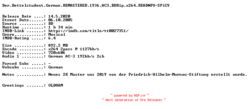 NFO for the release Der.Bettelstudent.German.REMASTERED.1936.AC3.BDRip.x264.READNFO-SPiCY by SPiCY