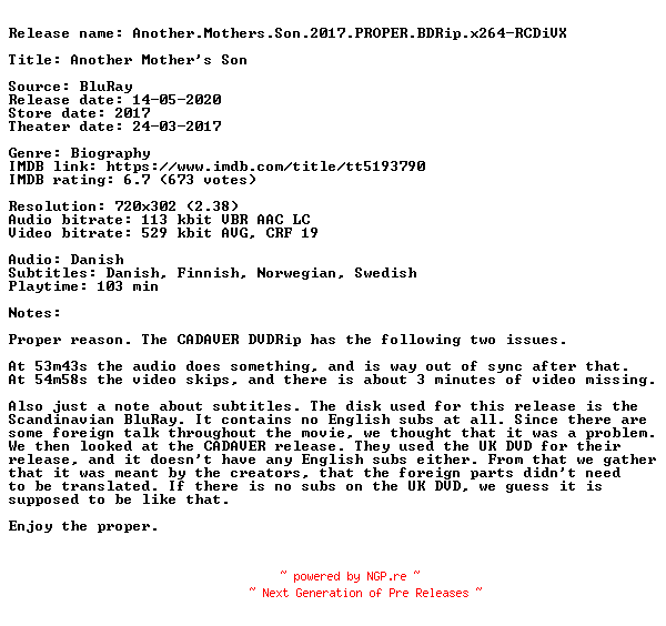 NFO for the release Another.Mothers.Son.2017.PROPER.BDRip.x264-RCDiVX by RCDiVX