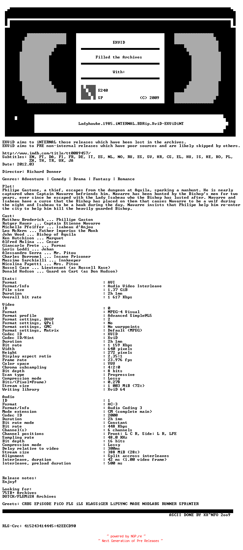 NFO for the release Ladyhawke.1985.iNTERNAL.BDRip.XviD-EXViDiNT by EXViDiNT