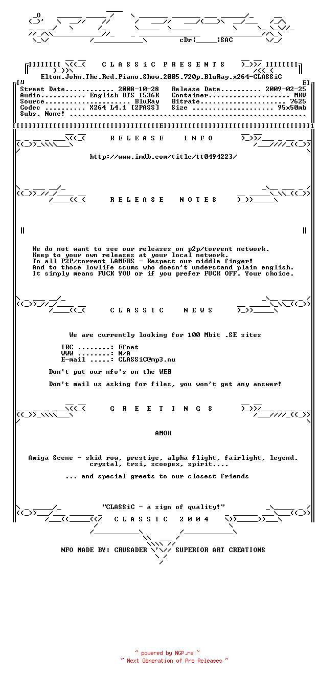 NFO for the release Elton.John.The.Red.Piano.Show.2005.720p.BluRay.x264-CLASSiC by CLASSiC