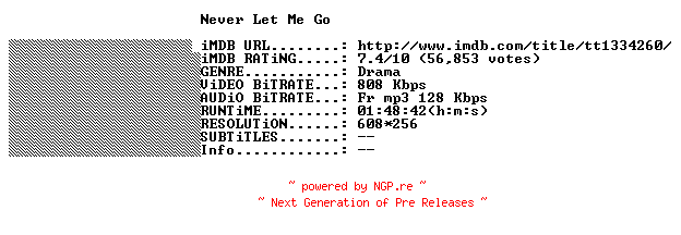 NFO for the release Never.Let.Me.Go.2010.FRENCH.BDRiP.XViD-THENiGHTMARE by THENiGHTMARE