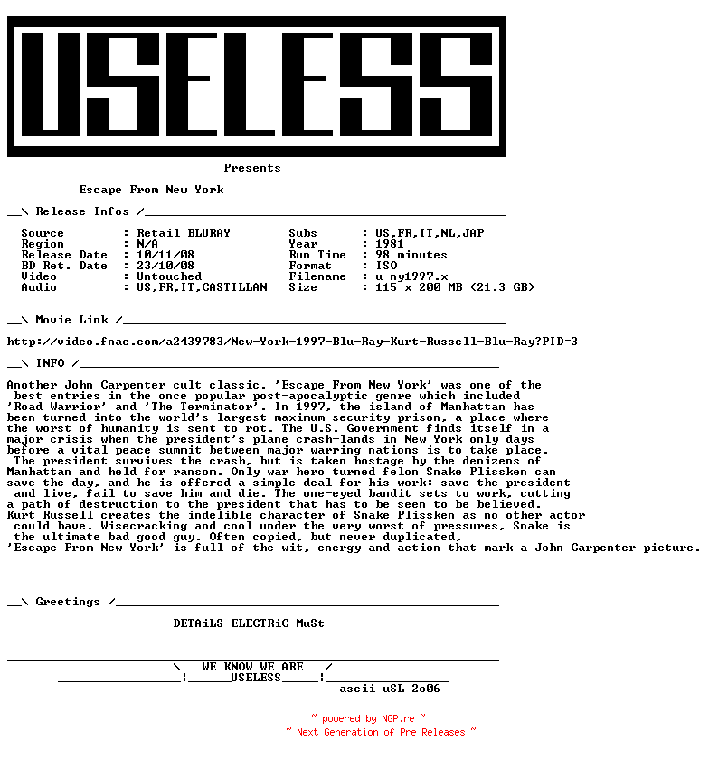 NFO for the release Escape.From.New.York.1981.MULTi.BLURAY-USELESS by USELESS