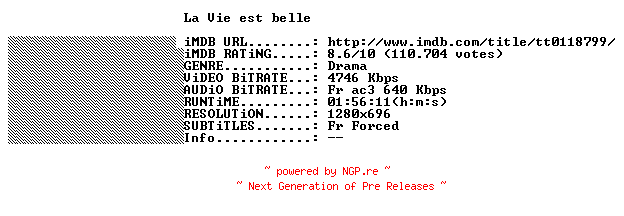 NFO for the release La.Vie.Est.belle.1997.FRENCH.720p.BluRay.x264-THENiGHTMAREiNHD by THENiGHTMAREiNHD