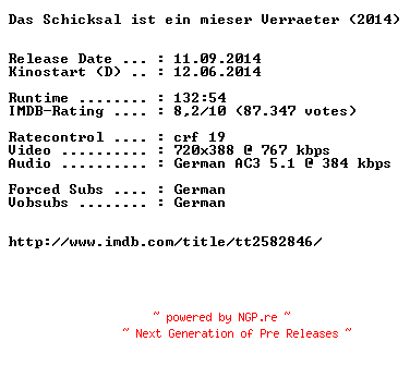 NFO for the release Das.Schicksal.ist.ein.mieser.Verraeter.EXTENDED.German.BDRiP.x264-EXQUiSiTE by EXQUiSiTE