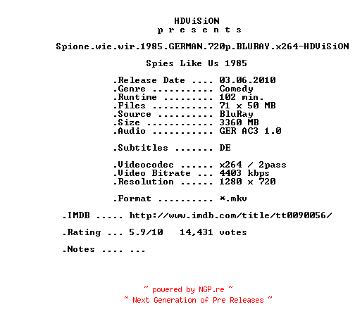 NFO for the release Spione.wie.wir.1985.GERMAN.720p.BLURAY.x264-HDViSiON by HDViSiON
