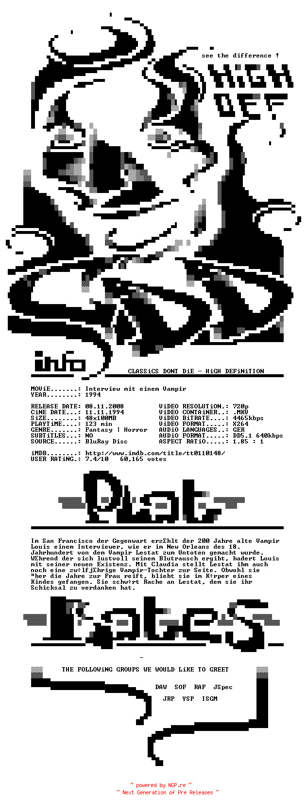 NFO for the release Interview.mit.einem.Vampir.1994.German.720p.BluRay.x264-CDD by CDD