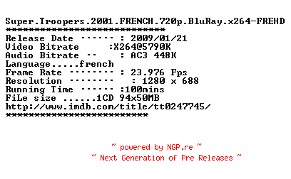 NFO for the release Super.Troopers.2001.FRENCH.720p.BluRay.x264-FREHD by FREHD
