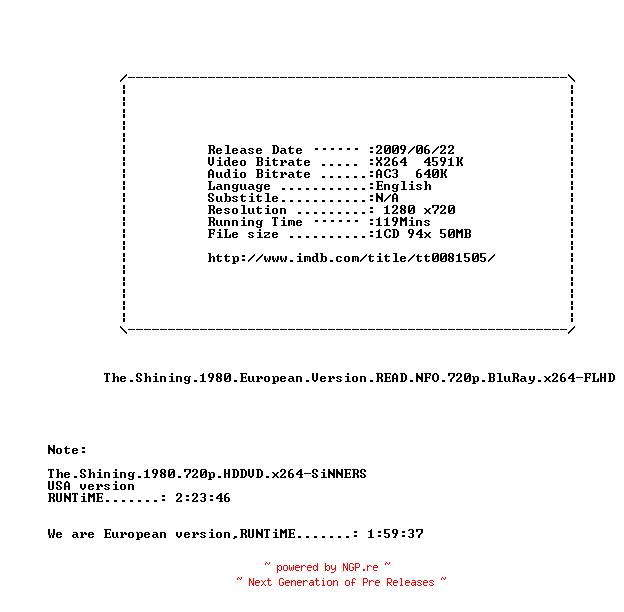 NFO for the release The.Shining.1980.European.Version.READ.NFO.720p.BluRay.x264-FLHD by FLHD
