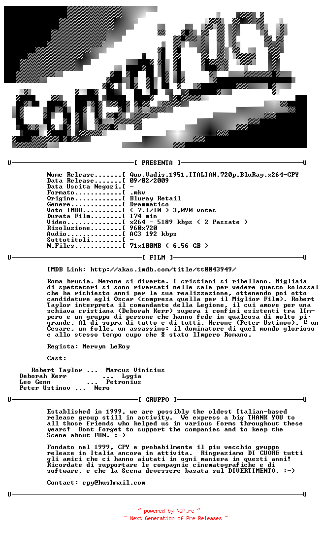 NFO for the release Quo.Vadis.1951.ITALIAN.720p.BluRay.x264-CPY by CPY