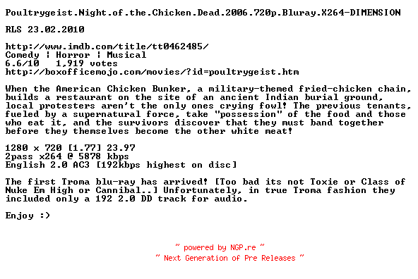 NFO for the release Poultrygeist.Night.of.the.Chicken.Dead.2006.720p.Bluray.X264-DIMENSION by DIMENSION