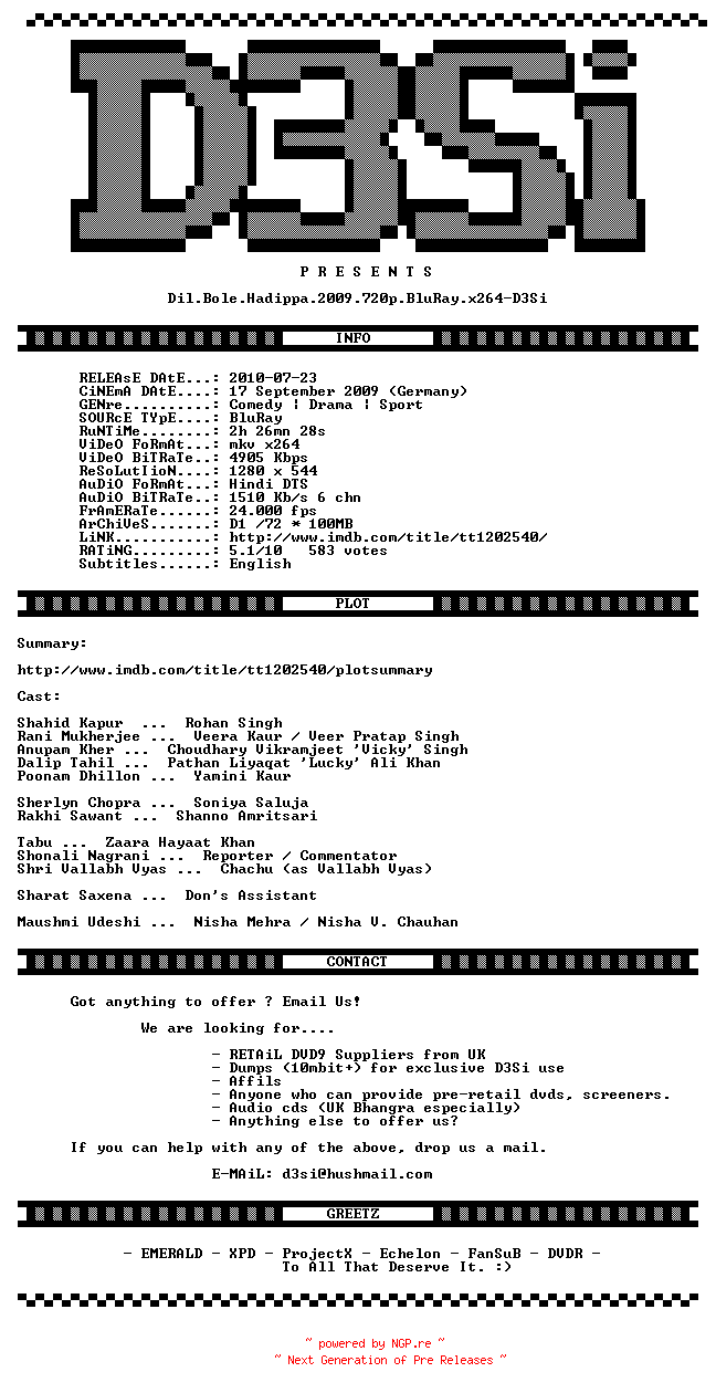 NFO for the release Dil.Bole.Hadippa.2009.720p.BluRay.x264-D3Si by D3Si