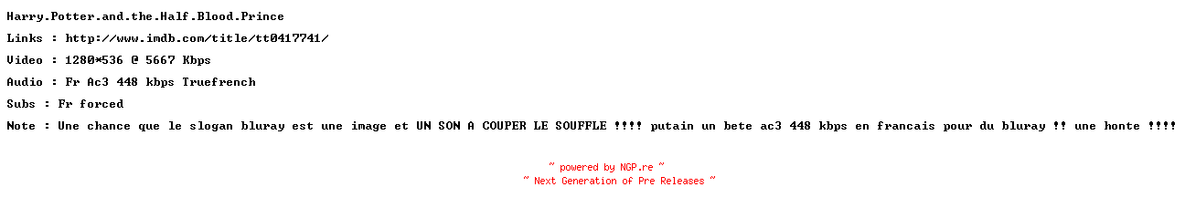 NFO for the release Harry.Potter.And.The.Half.Blood.Prince.720p.FRENCH.BluRay.x264-Forcebleue by Forcebleue