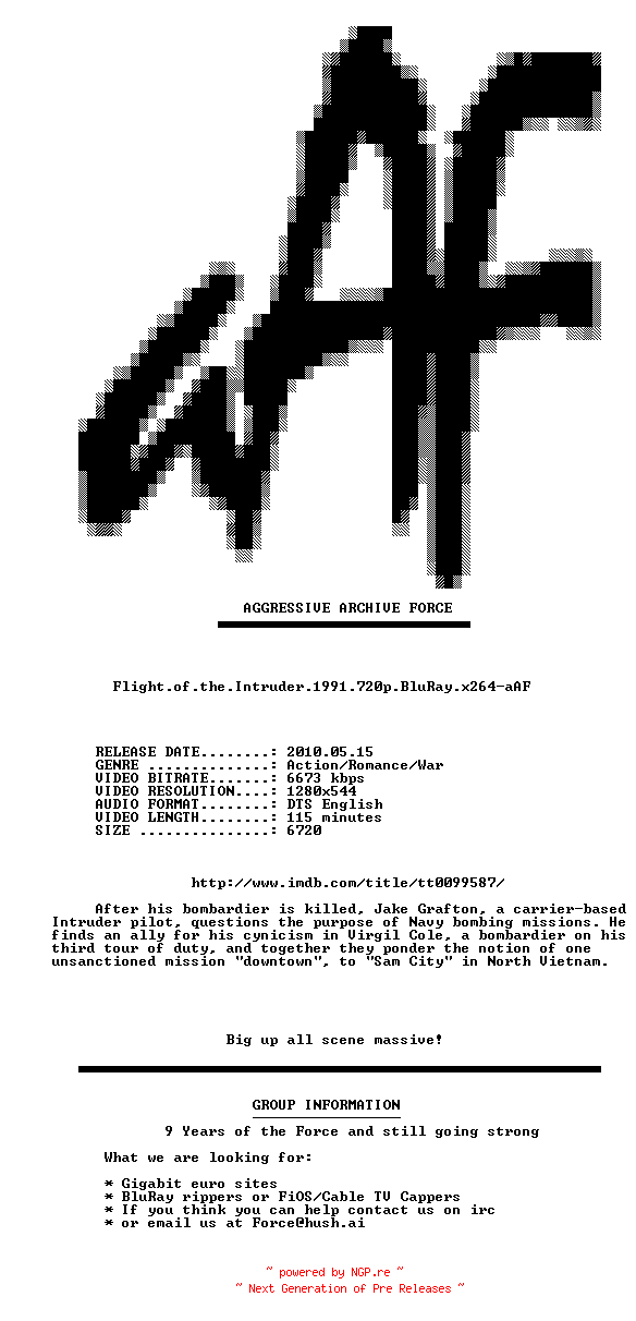 NFO for the release Flight.of.the.Intruder.1991.720p.BluRay.x264-aAF by aAF