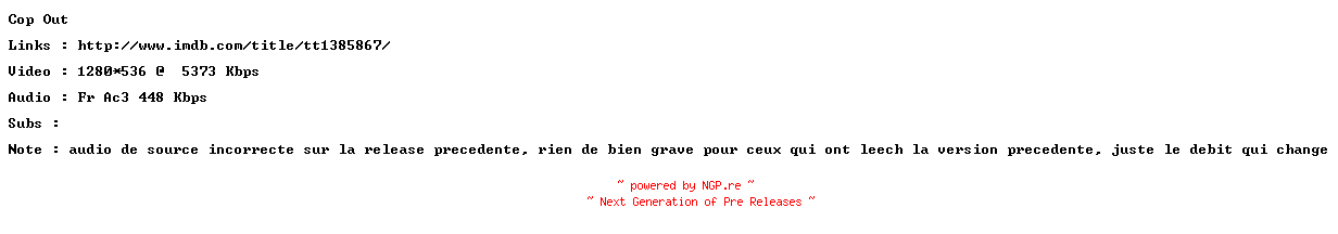 NFO for the release Cop.Out.REPACK.FRENCH.720p.BluRay.x264-HiDeF by HiDeF