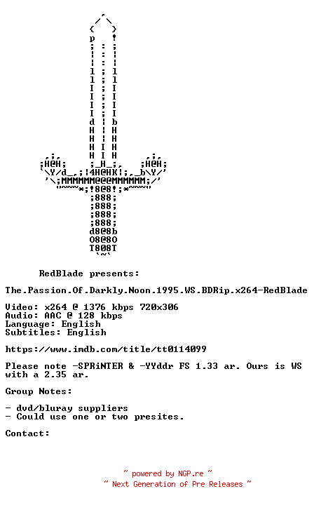NFO for the release The.Passion.Of.Darkly.Noon.1995.WS.BDRip.x264-RedBlade by RedBlade