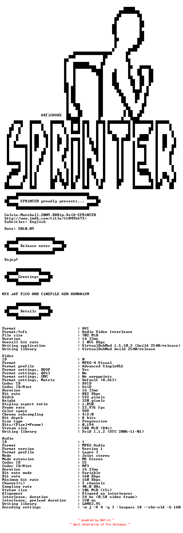 NFO for the release Calvin.Marshall.2009.BDRip.XviD-SPRiNTER by SPRiNTER