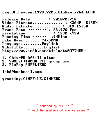 NFO for the release Day.Of.Heaven.1978.720p.BluRay.x264-LCHD by LCHD
