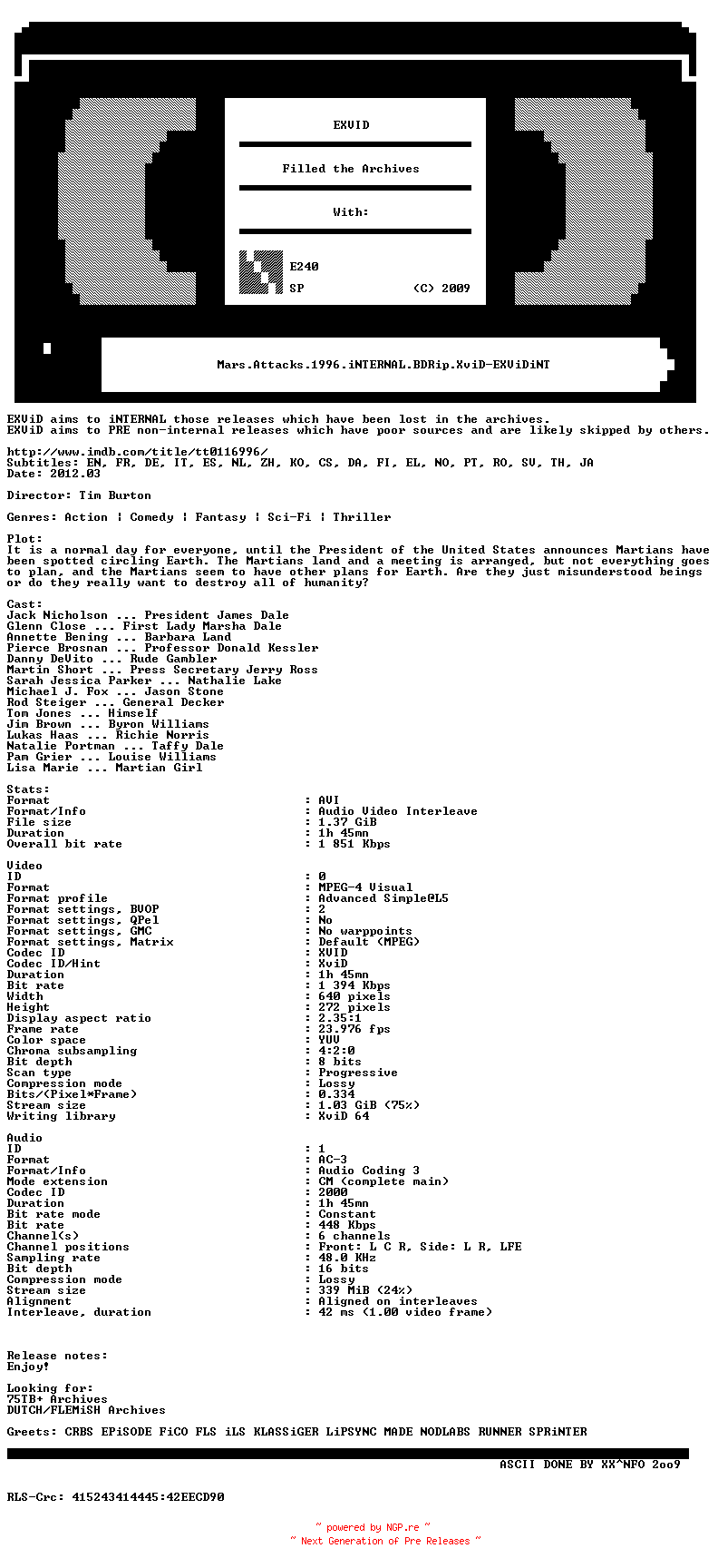 NFO for the release Mars.Attacks.1996.iNTERNAL.BDRip.XviD-EXViDiNT by EXViDiNT