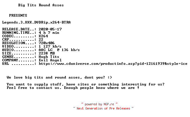 NFO for the release Legends.3.XXX.DVDRip.x264-BTRA by BTRA