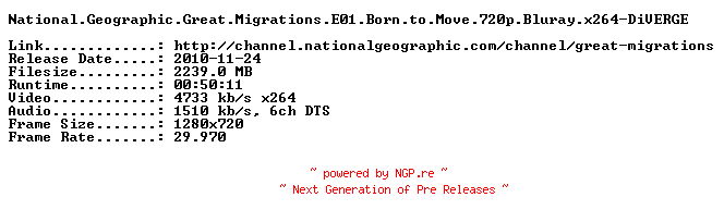 NFO for the release National.Geographic.Great.Migrations.E01.Born.to.Move.720p.Bluray.x264-DiVERGE by DiVERGE
