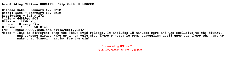 NFO for the release Law.Abiding.Citizen.UNRATED.BDRip.XviD-BULLDOZER by BULLDOZER