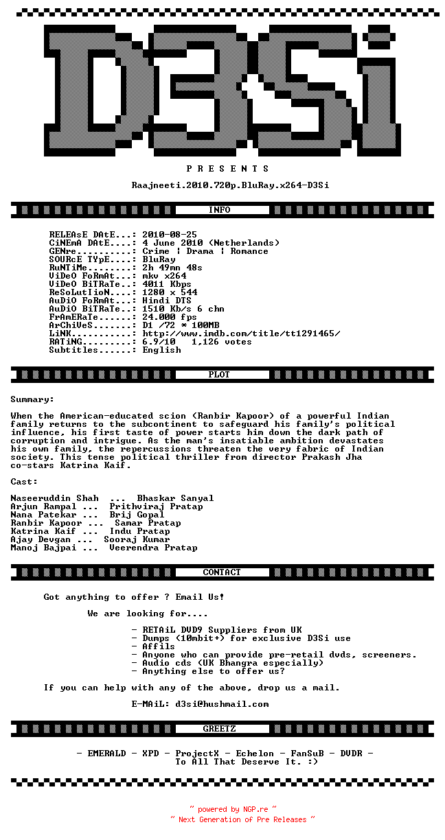 NFO for the release Raajneeti.2010.720p.BluRay.x264-D3Si by D3Si
