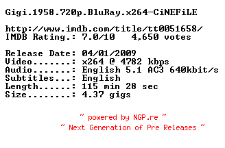 NFO for the release Gigi.1958.720p.BluRay.x264-CiNEFiLE by CiNEFiLE