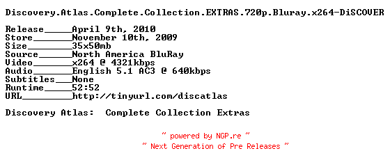 NFO for the release Discovery.Atlas.Complete.Collection.EXTRAS.720p.Bluray.x264-DiSCOVER by DiSCOVER