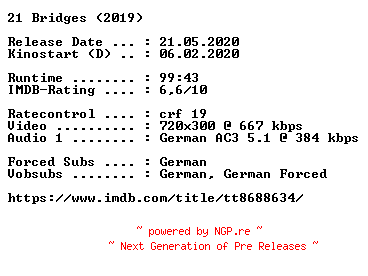 NFO for the release 21.Bridges.German.2019.AC3.BDRip.x264-COiNCiDENCE by COiNCiDENCE