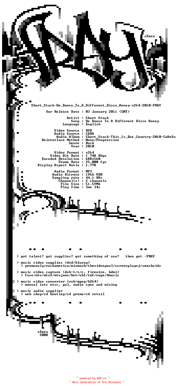 NFO for the release Short_Stack-We_Dance_To_A_Different_Disco_Honey-x264-2010-FRAY by FRAY