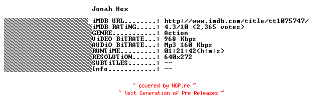 NFO for the release Jonah.Hex.FRENCH.BDRiP.XViD-THENiGHTMARE by THENiGHTMARE
