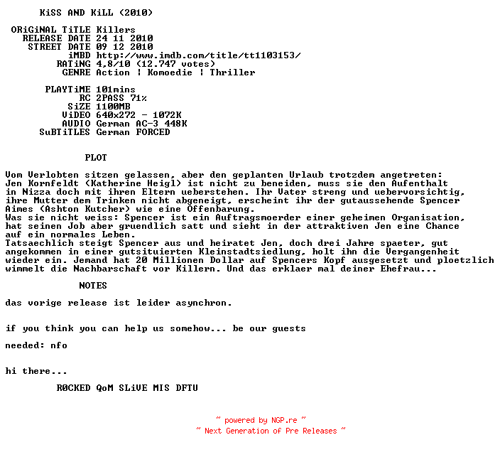 NFO for the release Kiss.and.Kill.German.AC3.BDRip.PROPER.XviD-DECENT by DECENT