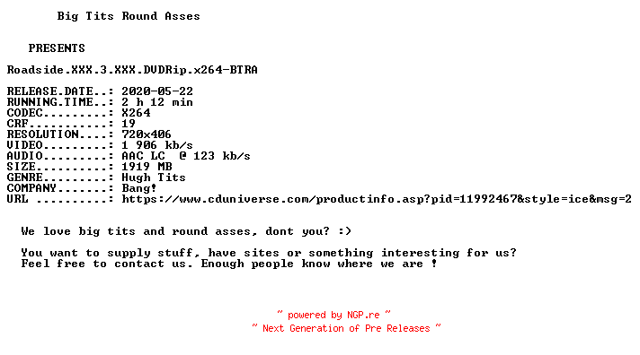 NFO for the release Roadside.XXX.3.XXX.DVDRip.x264-BTRA by BTRA