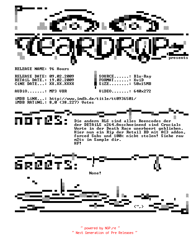 NFO for the release 96.Hours.German.BDRiP.READ.NFO.XviD-TEARDROPz by TEARDROPz